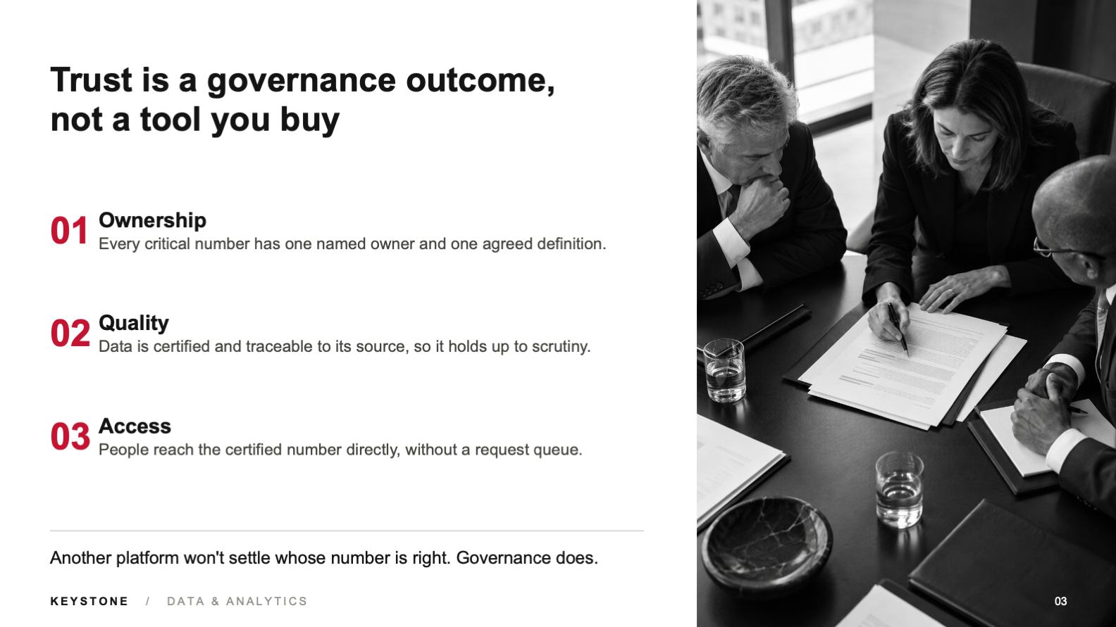 Data governance slide explaining ownership, quality, and access