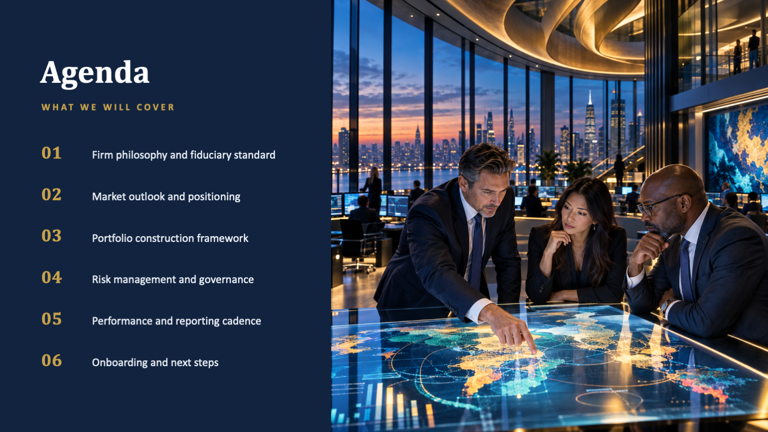 Meridian Capital agenda slide with investment professionals reviewing a global strategy display