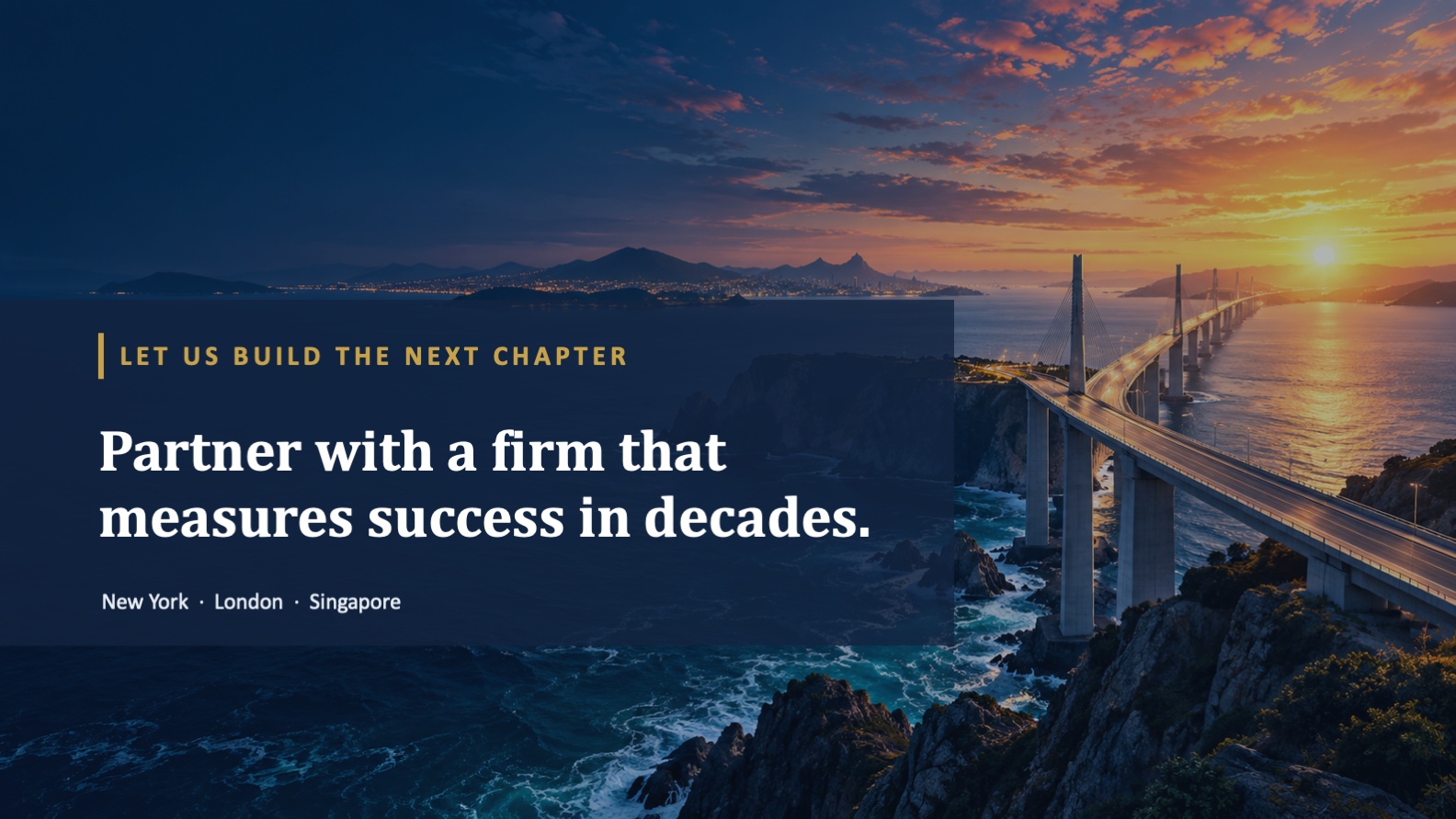 Meridian Capital closing slide with a bridge leading toward a bright horizon